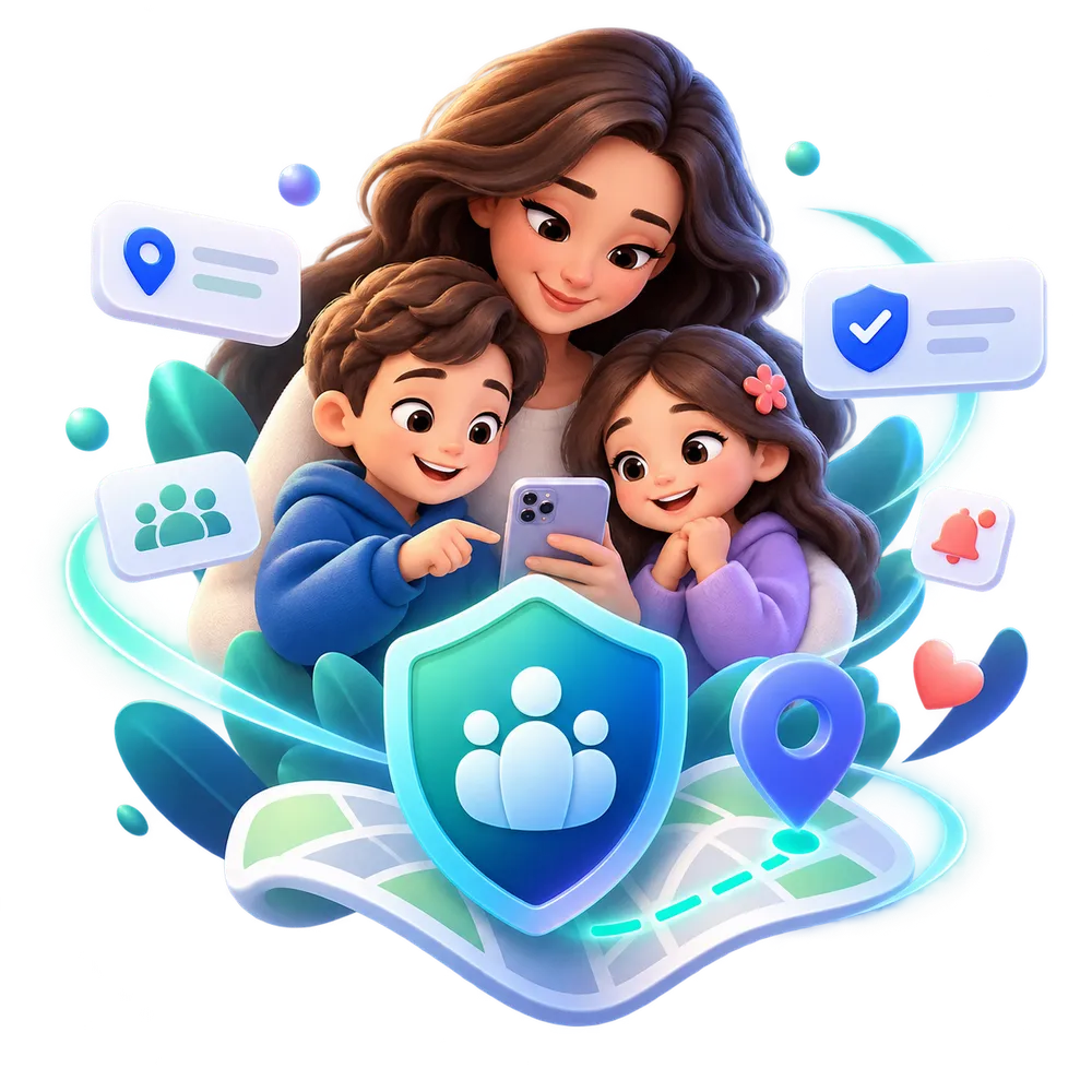A mother and her two children looking at FamilyAtlas's protection features on a phone
